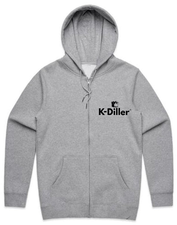 K-Diller® Melbourne Australia Mens T Shirt Grey Regular Fit King K-Diller® Crown Logo Graphic, Zip front, Kangaroo Pocket Hoodie.