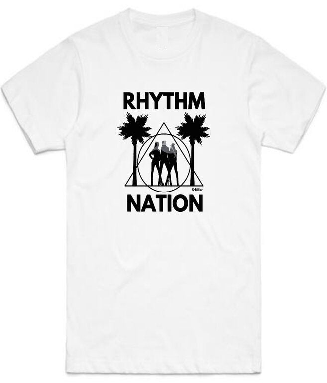 K-Diller® Melbourne Australia Mens T Shirt, White, Modern Fitted, Crew Neck, Short Sleeve, Rhythm Nation, Music, Concert, Festival Graphic Tee.