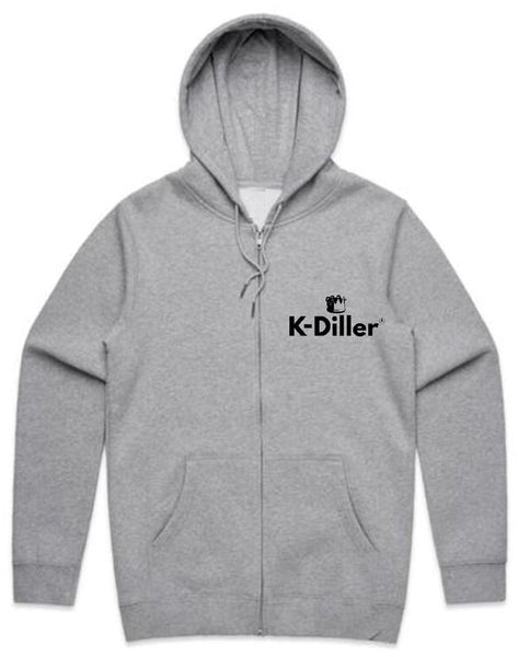 K-Diller® Melbourne Australia Mens T Shirt Grey Regular Fit King K-Diller® Crown Logo Graphic, Zip Kangaroo Pocket Hoodie.