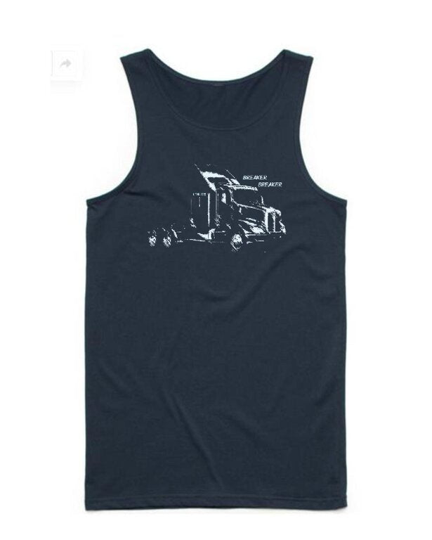 K-Diller® Melbourne Australia Mens T-Shirt, Navy, Modern Regular Fit, Breaker Breaker Tank, Semi Trailer Truck, Sleeveless, Graphic Singlet.