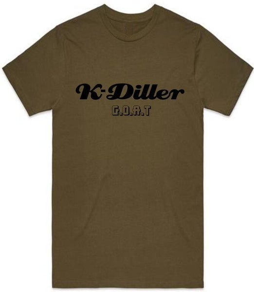 K-Diller® Melbourne Australia Mens Streetwear T Shirt, Army Green, Modern Fitted, Crew Neck, Short Sleeve, G.O.A.T Logo Graphics Tee.