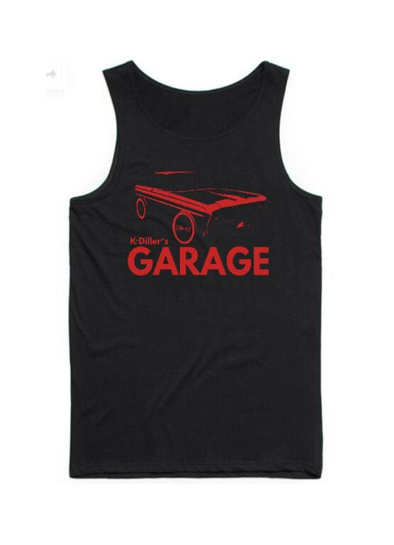 K-Diller® Melbourne Australia Mens Streetwear Muscle Car Garage Graphic Black Sleeveless Scoop Neck Singlet Regular Fit Tank.