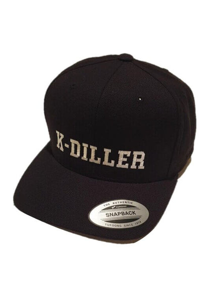 K-Diller® Melbourne Australia Mens Streetwear Premium Wool Blend OG Snapback Cap, Classic Structured 6 Panel, Pre-curved Visor, Embroidered Logo, Black Flexfit Yupoong Hat.