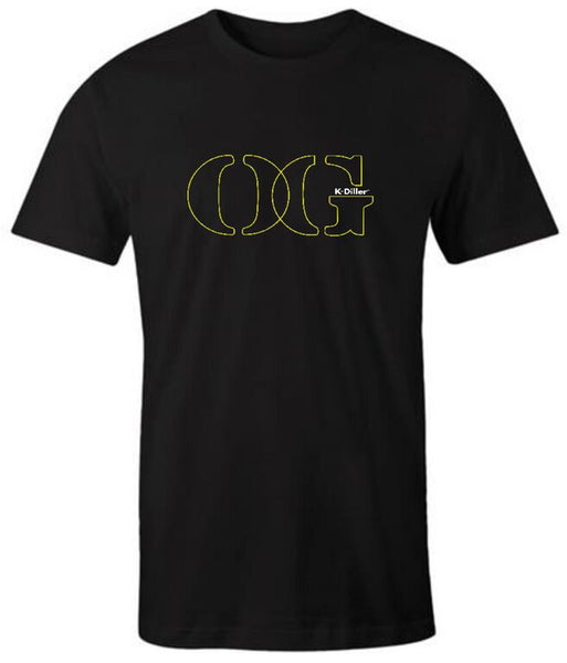 K-Diller® Melbourne Australia Mens T Shirt, Black, Regular Fit, Crew Neck, Short Sleeve, Original Gangster, OG Logo Graphic Black and Yellow Hip Hop Tee.