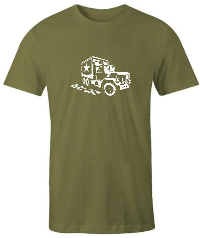 K-Diller® Melbourne Australia Mens T Shirt, Army Green, Modern Regular Fit, Crew Neck, Short Sleeve, Roll Out!, Army Truck, Military, Graphic Tee.