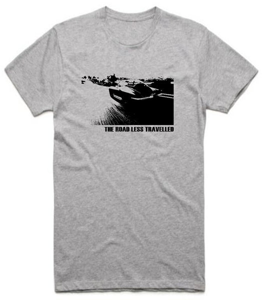 K-Diller® Melbourne Australia Mens T Shirt, Grey Marle, Slim Fit, Crew Neck, Short Sleeve, The Road Less Travelled, Car, Highway, Graphic Tee.