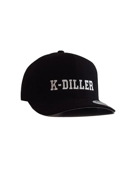 K-Diller® Melbourne Australia Mens Streetwear Premium Wool Blend OG Snapback Cap, Classic Structured 6 Panel, Pre-curved Visor, Embroidered Logo, Black Flexfit Yupoong Hat.