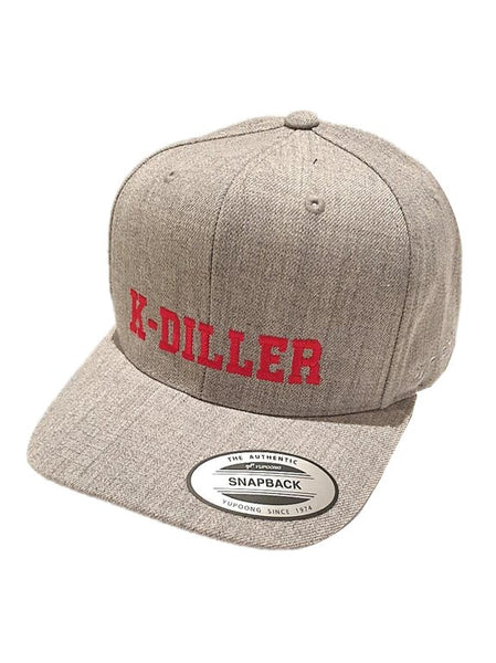 K-Diller® Melbourne Australia Mens Streetwear Premium Wool Blend OG Snapback Cap, Classic Structured 6 Panel, Pre-curved Visor, Embroidered Logo, Grey Marle Flexfit Yupoong Hat.
