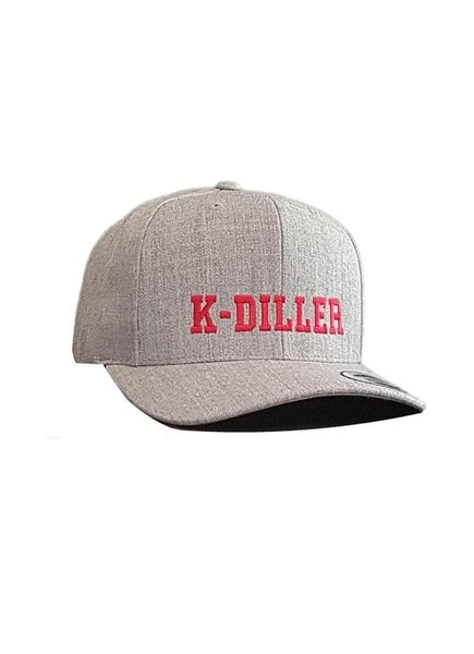 K-Diller® Melbourne Australia Mens Streetwear Premium Wool Blend OG Snapback Cap, Classic Structured 6 Panel, Pre-curved Visor, Embroidered Logo, Grey Marle Flexfit Yupoong Hat.