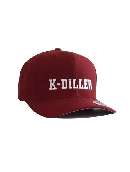 K-Diller® Melbourne Australia Mens Streetwear Premium Wool Blend OG Snapback Cap, Classic Structured 6 Panel, Pre-curved Visor, Embroidered Logo, Maroon Flexfit Yupoong Hat.