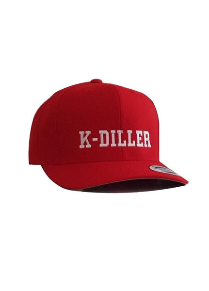 K-Diller® Melbourne Australia Mens Streetwear Premium Wool Blend OG Snapback Cap, Classic Structured 6 Panel, Pre-curved Visor, Embroidered Logo, Red Flexfit Yupoong Hat.